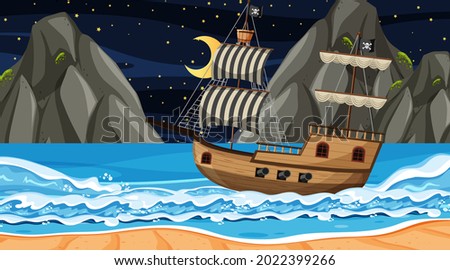 Ocean with Pirate ship at night scene in cartoon style illustration