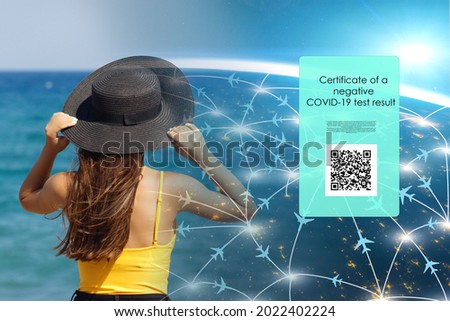 green digital passport,certificat of negative covid-19 test results for europe with planes and copy space,girl in sunny day on sea cost,Element of image provided by NASA
