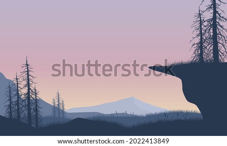 Panorama of mountains and aesthetic silhouettes of pine trees from the village at sunrise in the morning. Vector illustration of a city