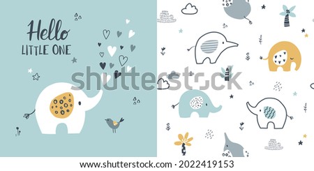 Сhildish pattern with little elephant, baby shower greeting card. Animal seamless background, cute vector texture for kids bedding, fabric, wallpaper, wrapping paper, textile, t-shirt print