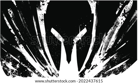 The furious warrior in the Spartan helmet has reached its limit of rage, his eyes sparkle with hatred and rage, he is white-hot, there are many blots and textures around him. 2d expressive art  Royalty-Free Stock Photo #2022437615