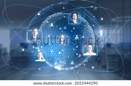 Hologram globe with portraits of candidates to hire them for corporate team. Concept of choice in digital world, communicating on the distance, blurred office Royalty-Free Stock Photo #2022444290