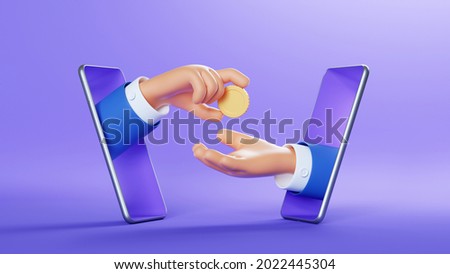 3d illustration. Cartoon characters businessmen hands with golden coin, sticking out the smart phone screens. Internet commerce clip art isolated on violet background. Financial transaction concept