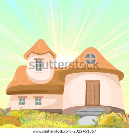 Fabulous funny house in clearing. Straw roof. Sunrise. Grass meadow. Beautiful cartoon landscape illustration. Wooden door and windows. Cute baby picture. Vector
