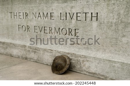 WW1 - Stone Of Remembrance With Helmet Royalty-Free Stock Photo #202245448