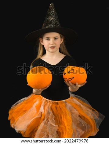 A cheerful girl with long hair and in a witch costume for Halloween celebration holds out two Jack pumpkins. Black hat with cobwebs and blouse, orange skirt and pumpkins