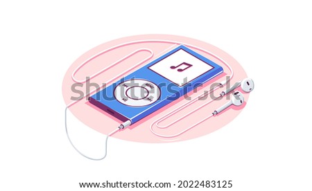 Music player mobile. Music player with headphones. Music player with headphones in isometrics. Blue music player with white headphones on white background. Dream headphones. Vector illustration EPS 10 Royalty-Free Stock Photo #2022483125