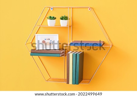 Shelf with books, frame and houseplants hanging on color wall