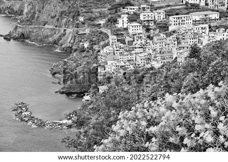 Cinque Terre, Italy. Riomaggiore, fishing village on UNESCO World Heritage List. Black and white Italy photo.