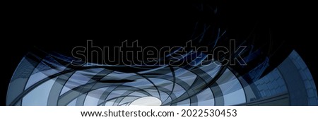 Fish-eye photo of windows. Distorted structure of glass wall with metal frames. Abstract modern architecture in minimal style. Hi-tech building exterior. Geometric pattern with white oval background.