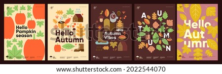 Autumn. Set of vector illustrations. Patterns and simple pictures. Hello Autumn. Background for sale banner, poster, flyer, cover.  Royalty-Free Stock Photo #2022544070