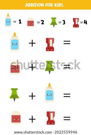 Addition with different school supplies. Educational math game for kids. 