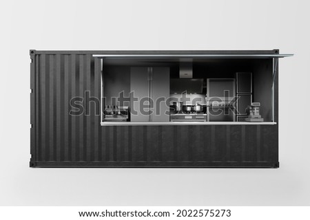 Food truck container cafe mobile mock up design loft style architecture identity concept. Royalty-Free Stock Photo #2022575273