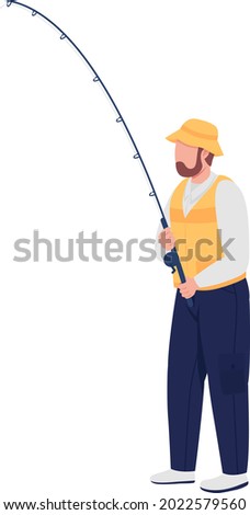 Bearded man with spinning rod semi flat color vector character. Full body person on white. Male wearing fishing jacket isolated modern cartoon style illustration for graphic design and animation