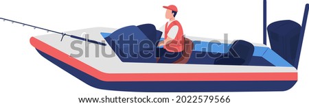 Angler catching fish on boat semi flat color vector character. Full body person on white. Professional fisherman isolated modern cartoon style illustration for graphic design and animation