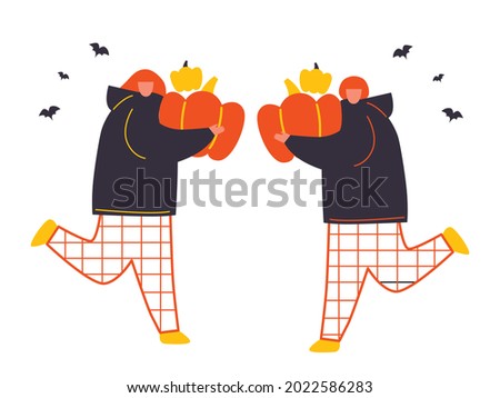 Happy Halloween vector poster. Cartoon modern woman and man with pumpkins. Happy Halloween events, festival and fair, banner, poster design. Autumn holiday.