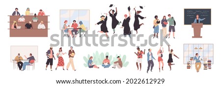 Student life. Young people activities. Guys and girls study at lectures or seminars at university. College learner group. Classmates relax and celebrate graduation. Vector scenes set Royalty-Free Stock Photo #2022612929