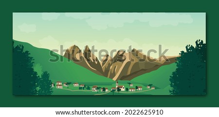 Landscape valley illustration with mountains,trees,houses and sky