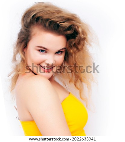oung pretty blond girl posing happy smiling on white background isolated, lifestyle people concept