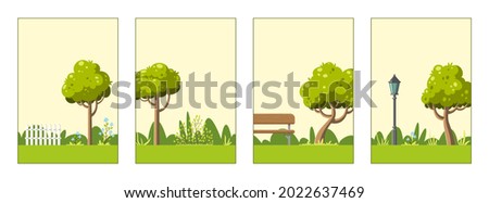 Vector set with different summer landscapes with trees, plants and space for texts. Background layer templates for banners, web, social media, flyers and other publications.