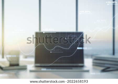 Abstract creative stats data concept on modern laptop background. Multiexposure