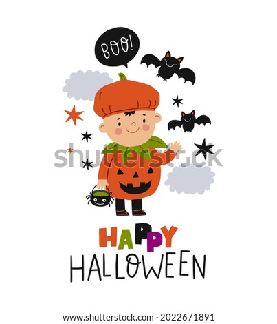 Happy Halloween cards. Cute Cartoon childrens in in carnival costume for halloween party. Vector illustration with Halloween kids