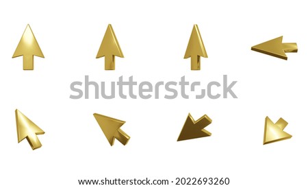 gold cursor arrow, mouse pointer set on white background, , Set with clipping path. cursor concept, 3D illustration.