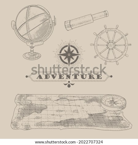 Vintage collection of attributes of sea travel. An old sea map, a compass and a telescope. Retro globe and wind rose.