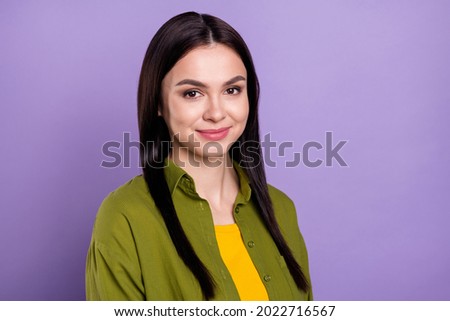 Photo of funny charming young woman wear khaki outfit smiling isolated violet color background
