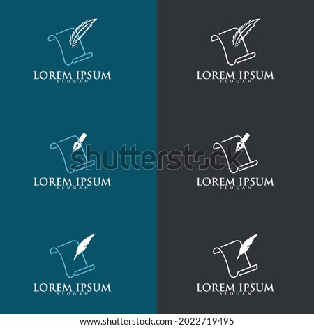 Quill pen writing in the papers on an open book logo. education logo icon design. suitable for company logo, print, digital, icon, apps, and other marketing material purpose. education logo set.