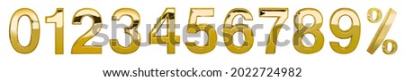 Three-dimensional arabic numerals 1, 2, 3, 4, 5, 6, 7, 8, 9, 0, % Gold-plated metal and percentage mark Photo isolated on white background. This has clipping path.                            