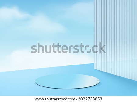 3d background product display mirror podium scene with sky cloud platform. cloud background vector 3d render with podium. stand show cosmetic product. showcase on mirror podium display blue 3d cloud Royalty-Free Stock Photo #2022733853