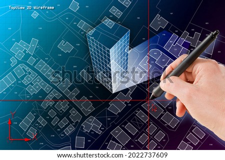 Imaginary cadastral map of territory with building in the center - land registry concept illustration with hand, digital pen and  CAD (Computer-Aided-Design) software in dwg format file