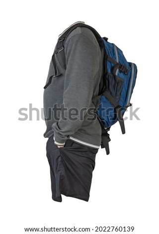 denim blue  backpack,dark gray sweatshirt with a hood,black shorts isolated on white background. sportswear