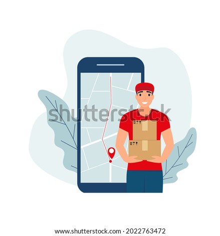 Vector Illustration, Online Delivery Service Concept, Showing a delivery man sending package to customer. Eps 10