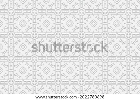 3d volumetric convex embossed geometric white background. Handmade artistic pattern. Ethnic oriental, Asian, Indonesian ornaments for design and decoration.