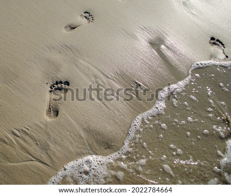 footprints in the sand near the ocean, close-up
