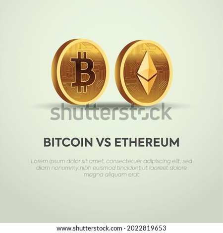 bitcoin vs Ethereum banner for facebook and twitter. bitcoin and Ethereum golden coins isolated with plain light green background. cryptocurrency concepts for social media posts.