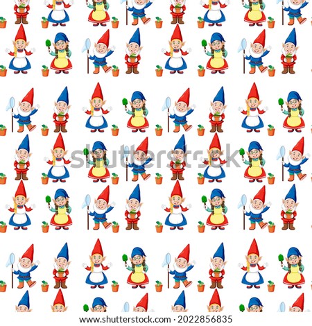 Gnome or dwarf seamless pattern with garden elements illustration