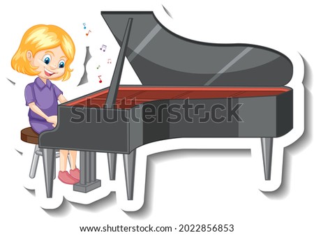 Cute girl playing piano cartoon character sticker illustration