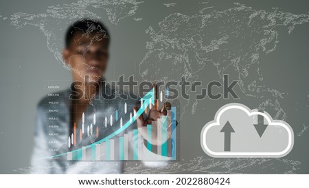 Businessman finance technology concept. Stock Market Investments Funds. businessman analyzing forex trading graph financial data. map world, and virtual icon cloud digital Assets background.