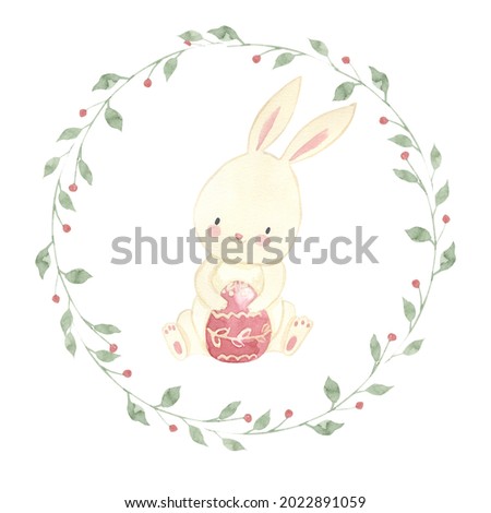 Easter bunny with egg. Watercolor 
 green wreath. Cute illustration