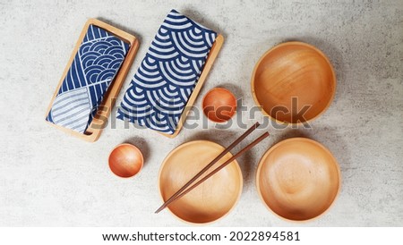 napkin japanese pattern top view wooden bowl suushi ramen flat lay