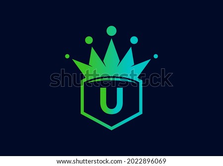 Green blue gradient color of U initial letter in frame with crown design