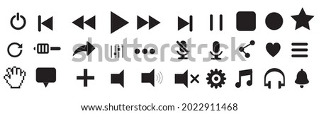 Media player icons set. Button collection. Music, sound, interface, play, microphone, arrow, setting