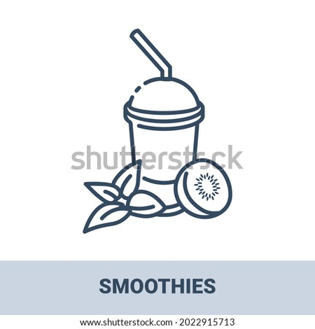 Plastic cup of kiwi smoothie outline monochrome icon with title. Symbol of healthy eating. Collection of signs in different food categories. Vector illustration isolated in white background.