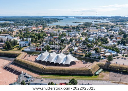 Aerial view of the Central Bastion and the event area in the Old town of Hamina, Finland. Royalty-Free Stock Photo #2022925325