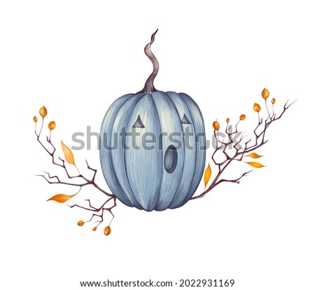Watercolor hand drawn Halloween illustration with pumpkin, branch, autumn leaves, orange hawthorn berries isolated on white background. It's perfect for cards, halloween party invitations, poster.