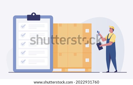 
Warehouse Worker Scanning Barcodes On Boxes. Inventory inspection, product quantity, product classification. vector illustration