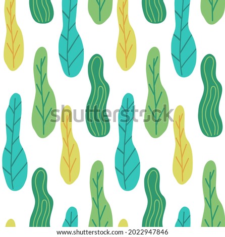 Seamless pattern with abstract leaves with doodle pattern on a white background. Vector natural texture. Wallpaper with hand-drawn trees. Foliage fabric